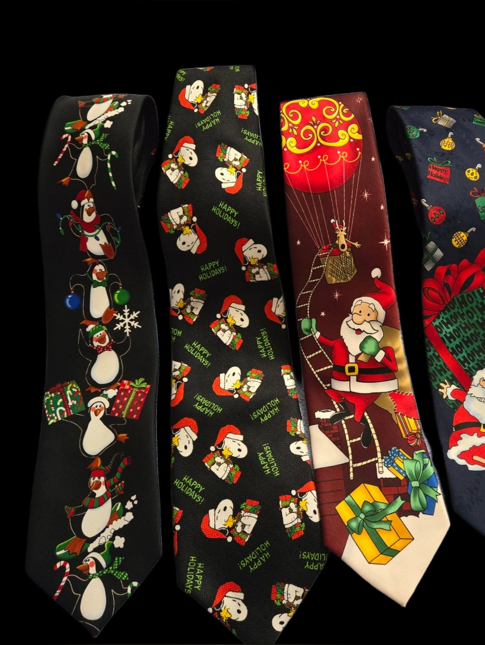 Lot Of 4 Christmas Mens Neck Ties - Hallmark, Peanuts, Tie Tales